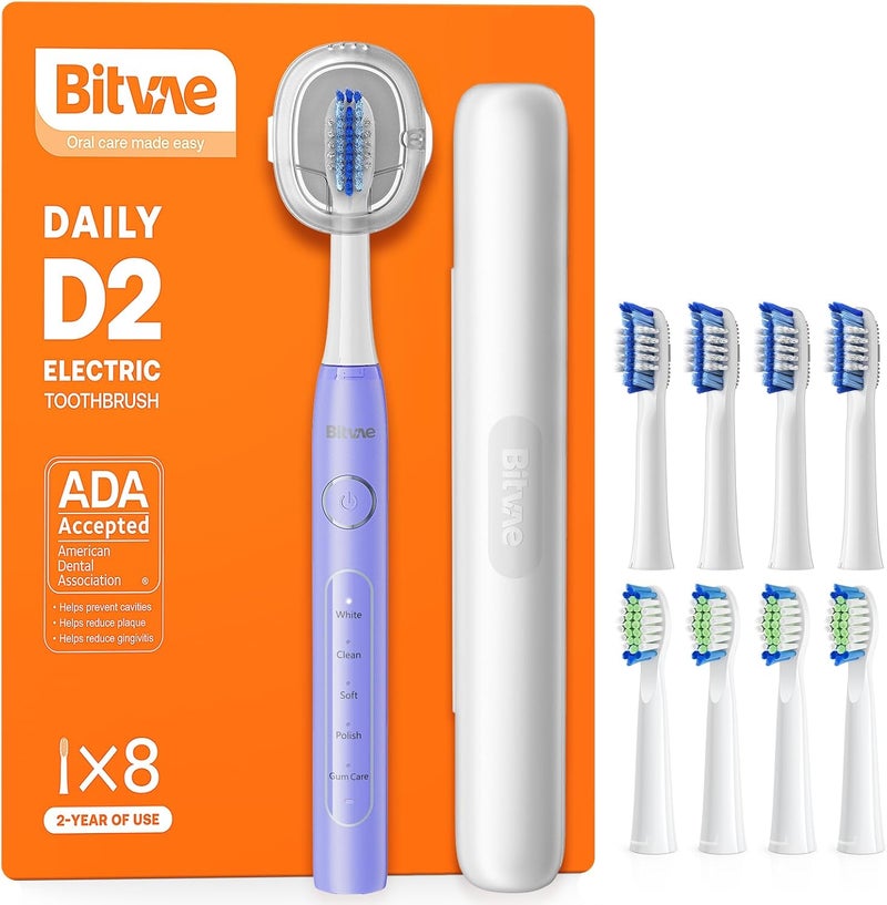 Bitvae Ultrasonic Electric Toothbrush for Adults and Kids, ADA Accepted Travel Toothbrush with Rechargeable 60-Day Battery Life, 5 Modes, 8 Heads, Case, Holder, Purple - Image 1